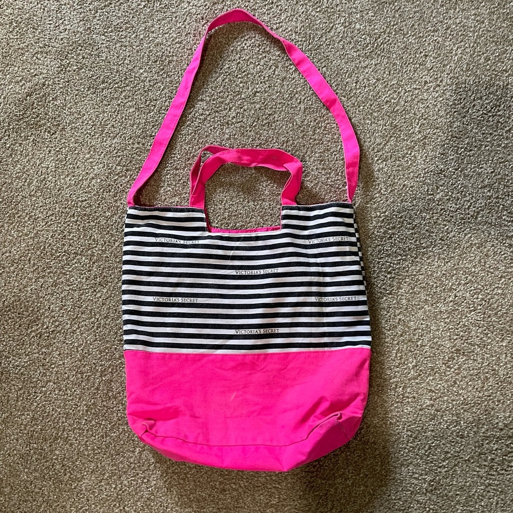 Victoria Secret pink tote with black and white stripes